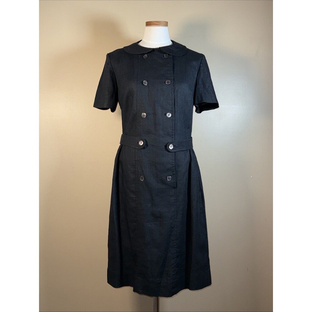 Vintage Ireland Linen Black Dress 60s NWOT Double Breasted Belted 12/14 C-41"